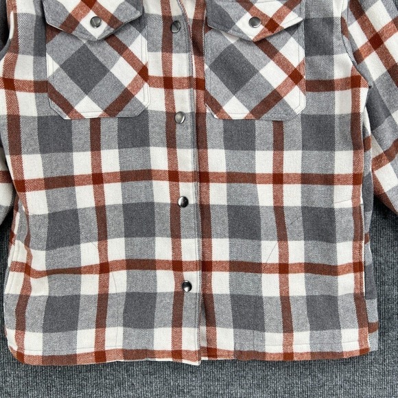 HFX Womens S Shacket Shirt Jacket Gray Rust Plaid Snap Front Pockets Oversize - Picture 3 of 13